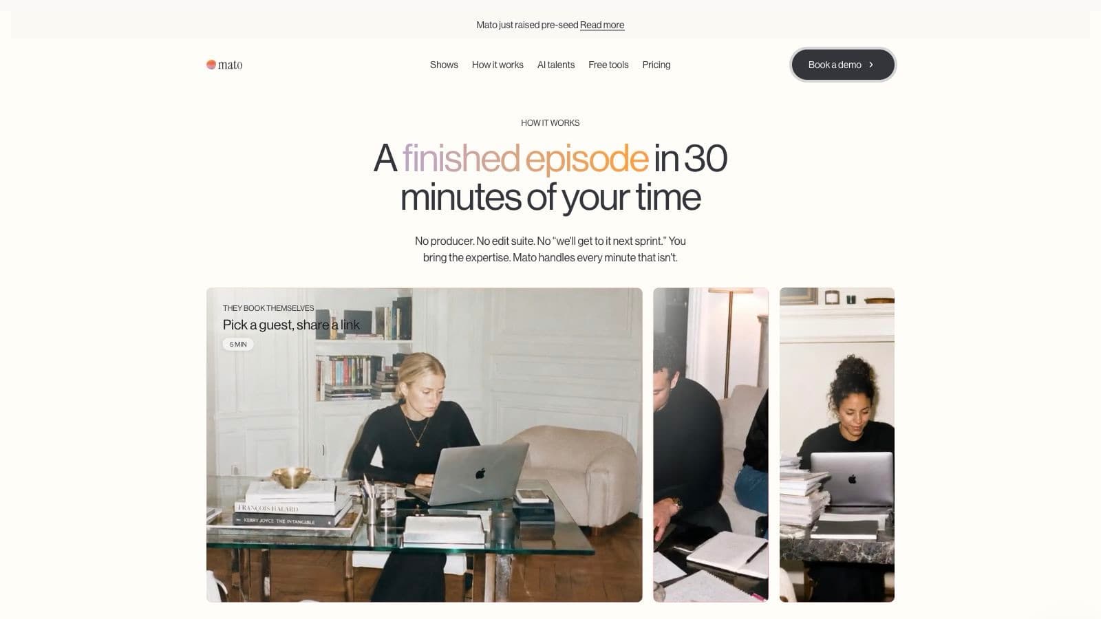 Mato's How It Works page with the three workflow films