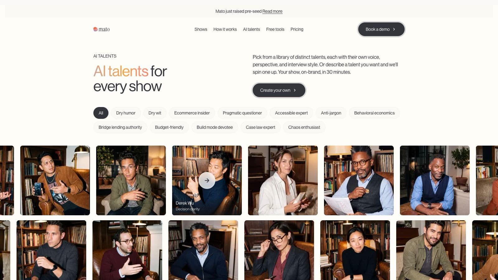 The Mato AI talent library with a motion preview active on Derek Wu