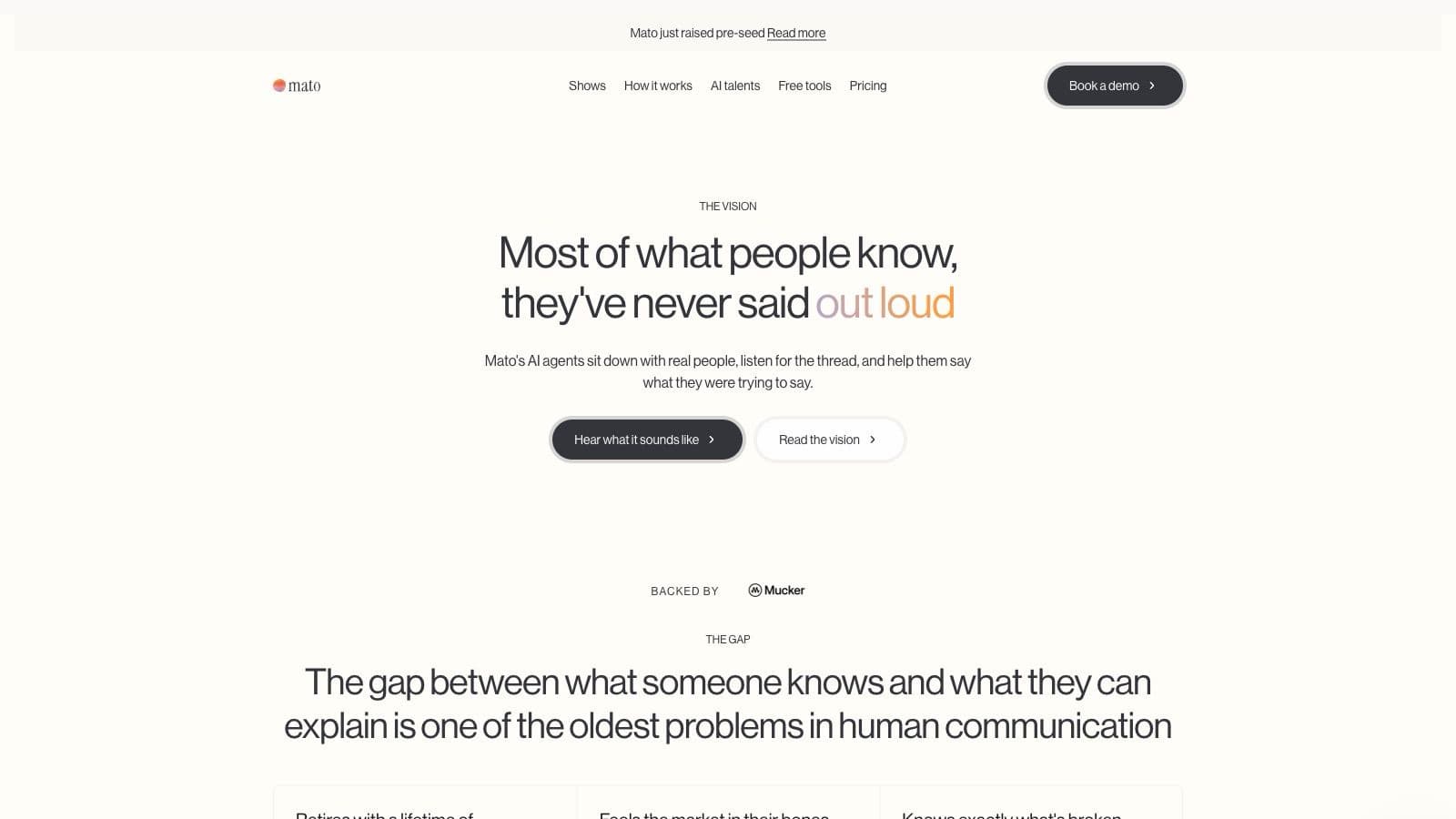 Mato's new vision page with the line Most of what people know, they've never said out loud
