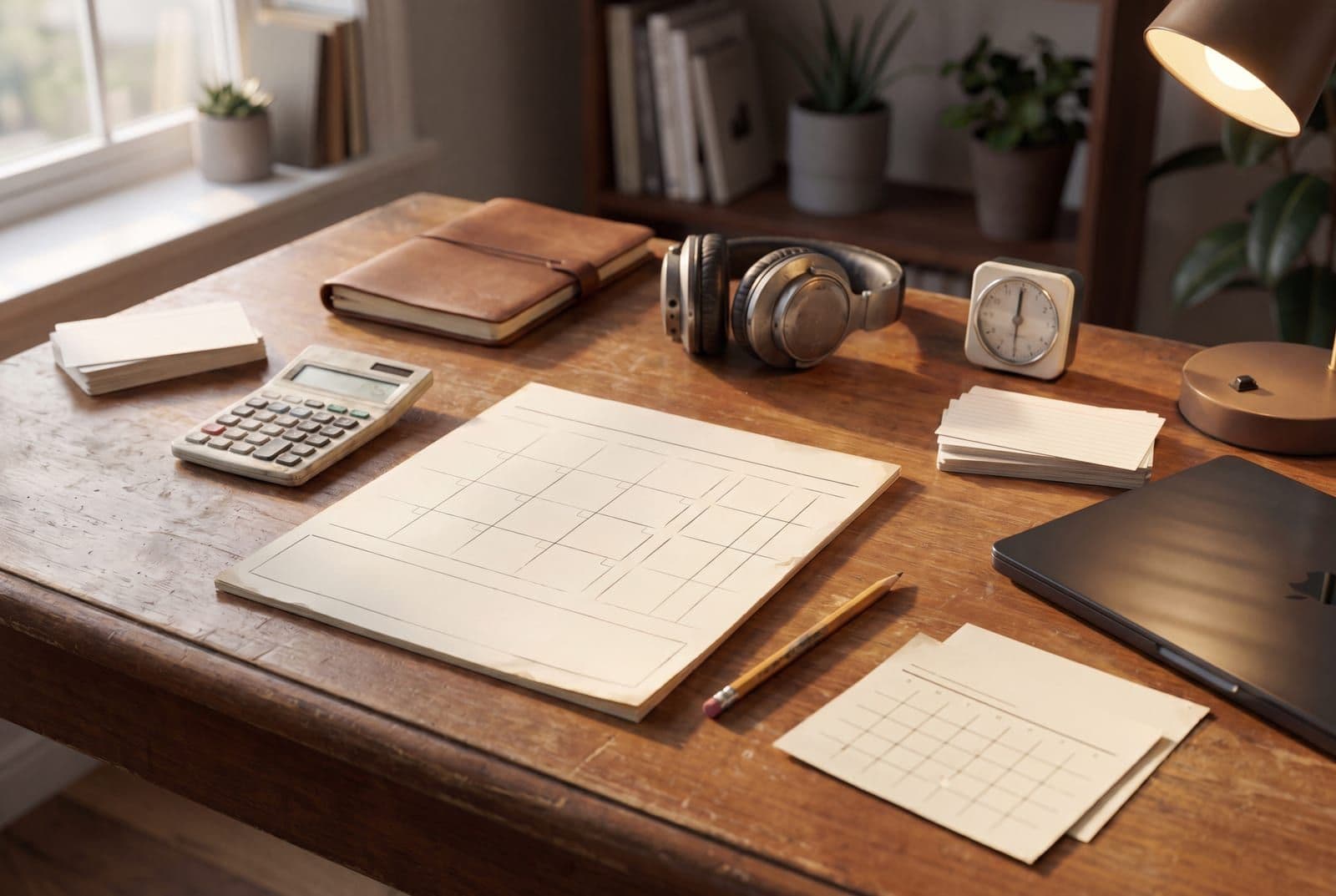 Editorial tabletop scene with headphones, calculator, blank planning cards, and production cost materials.