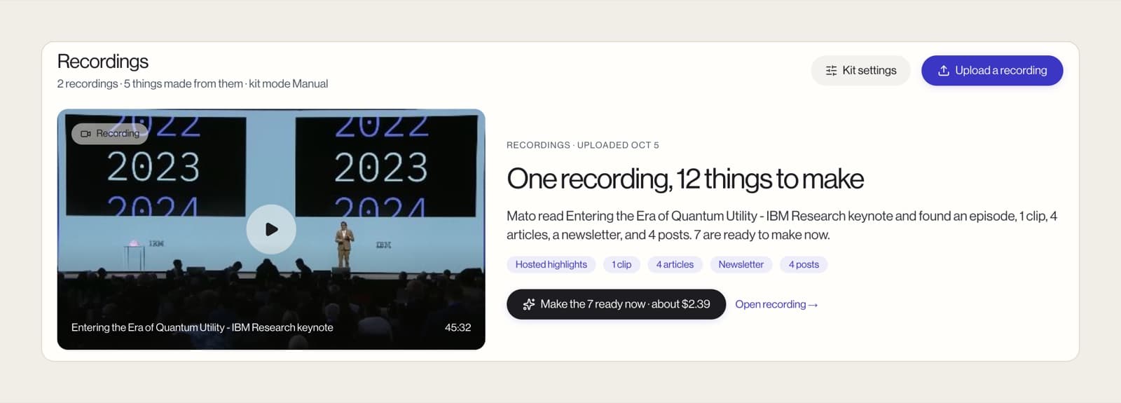 The Mato Recordings hub showing a keynote with its suggested kit of things to make
