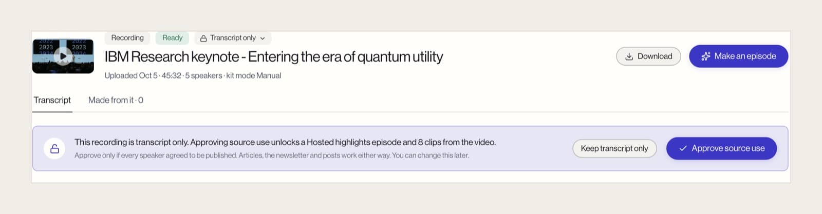 The Mato prompt asking whether the speakers' voices can be used, with the option to approve source use