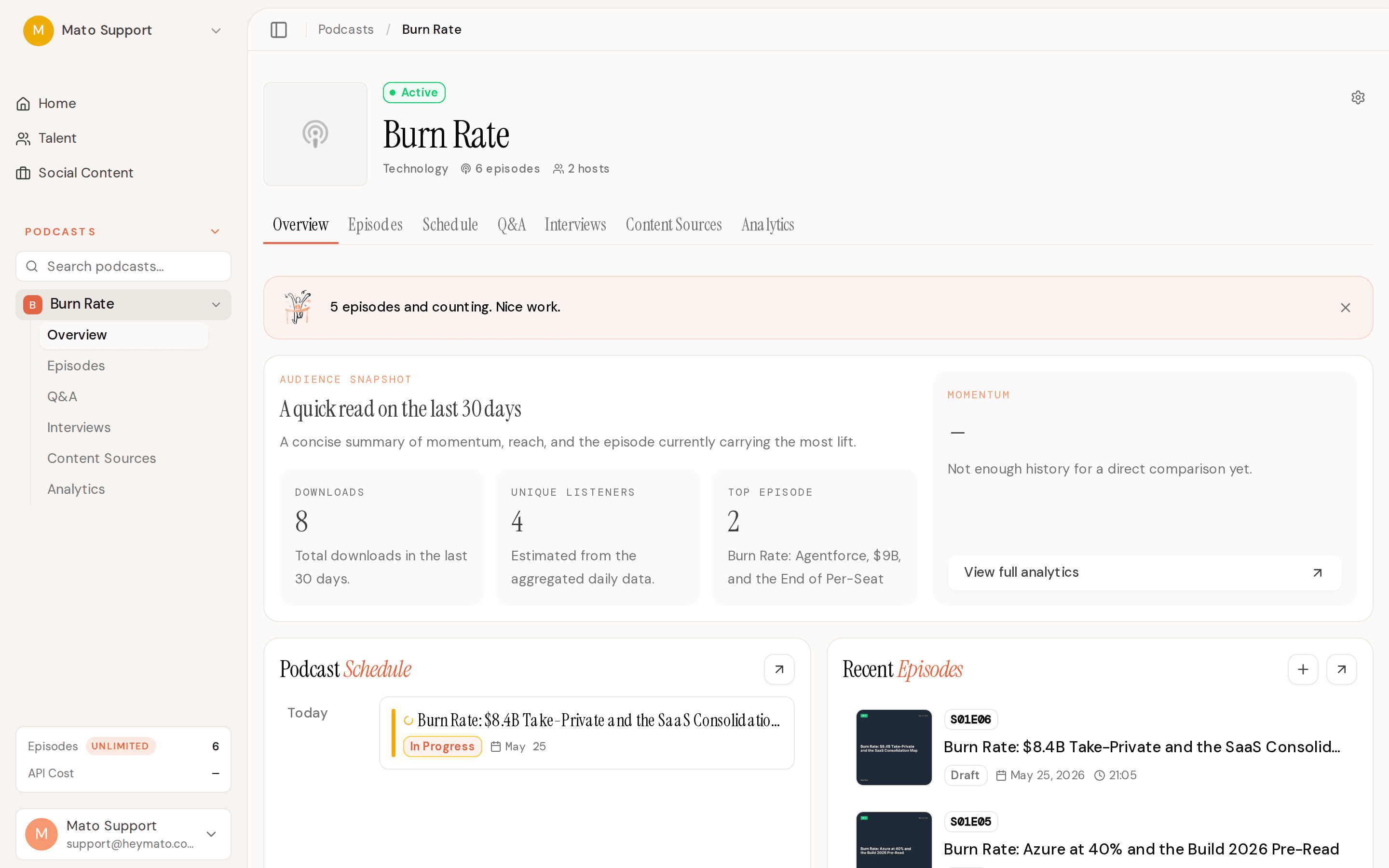 The podcast overview page showing episode rows and the generate entry point