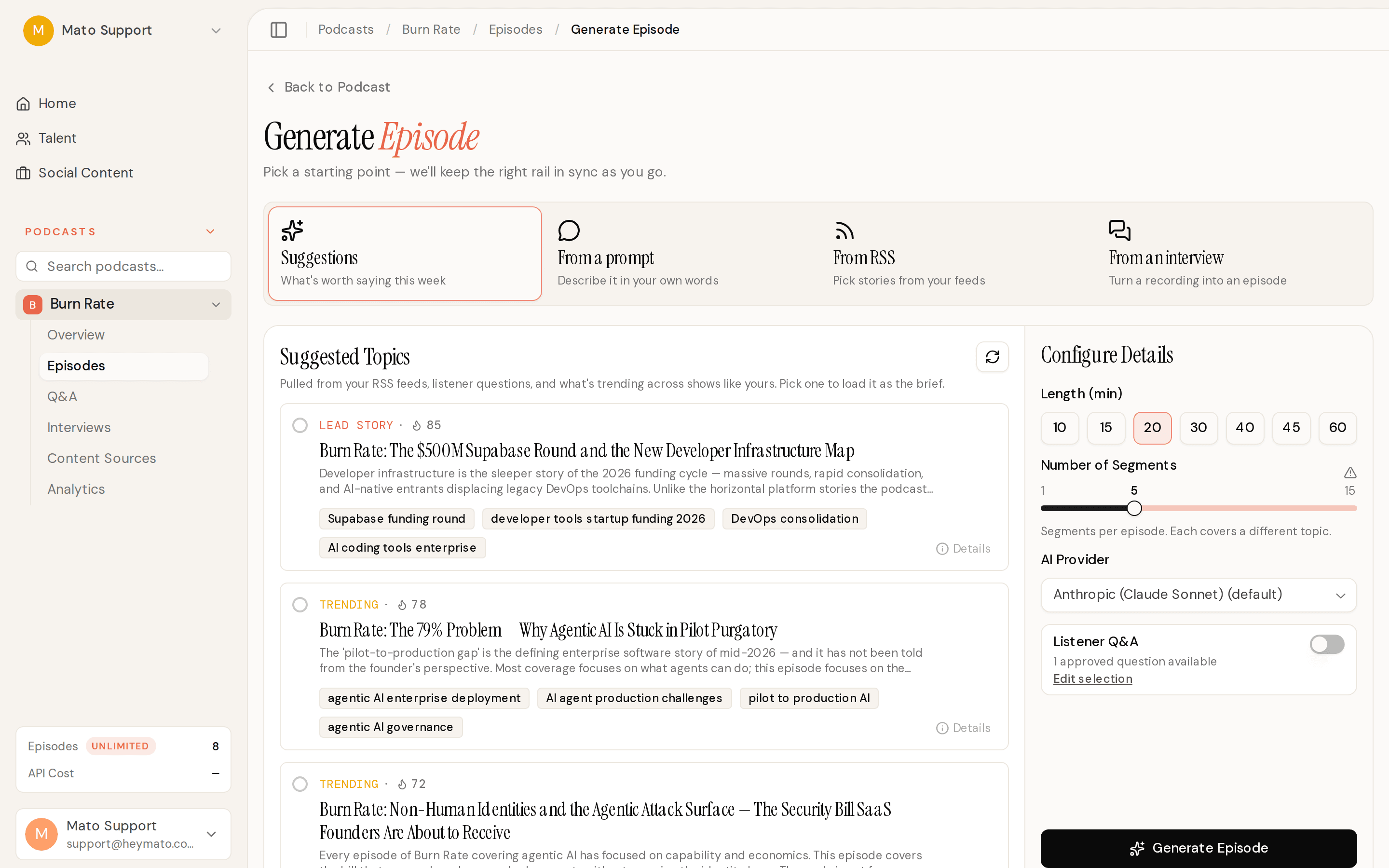 Episode generation page with mode picker and AI suggestions