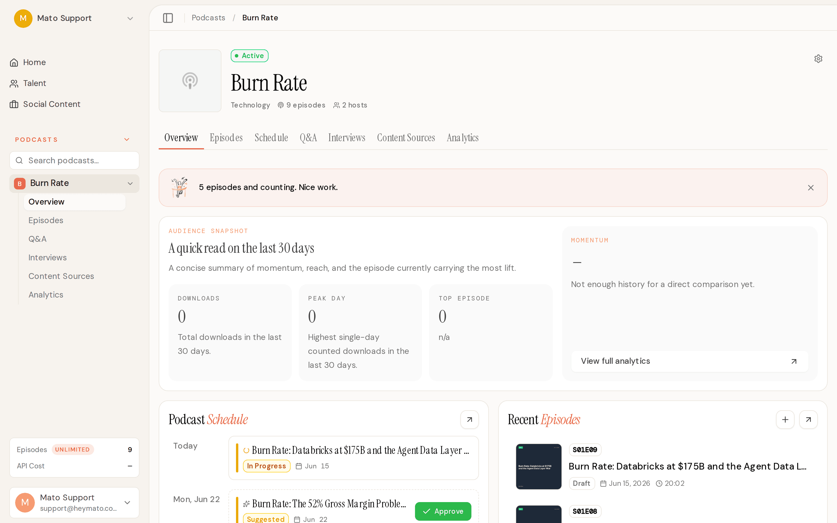 The podcast overview page showing analytics snapshot, schedule, and recent episodes