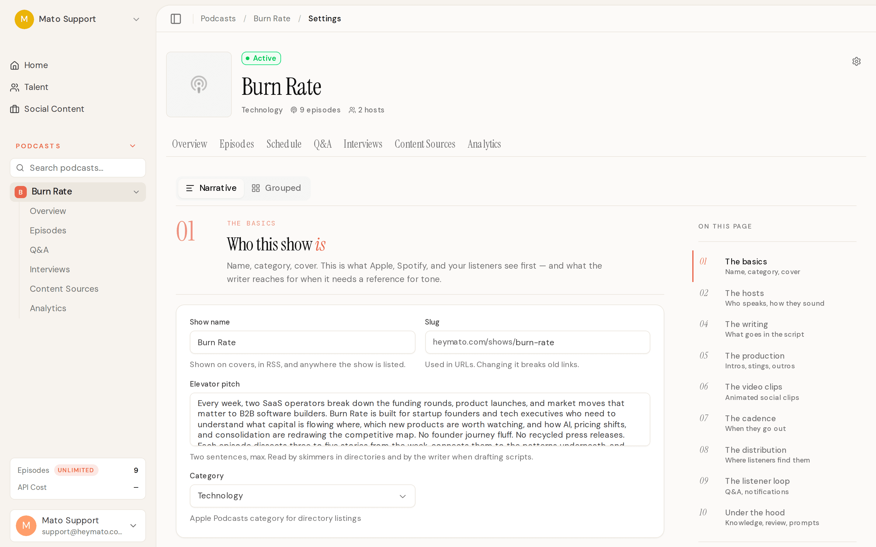 Podcast settings page with narrative view and table of contents