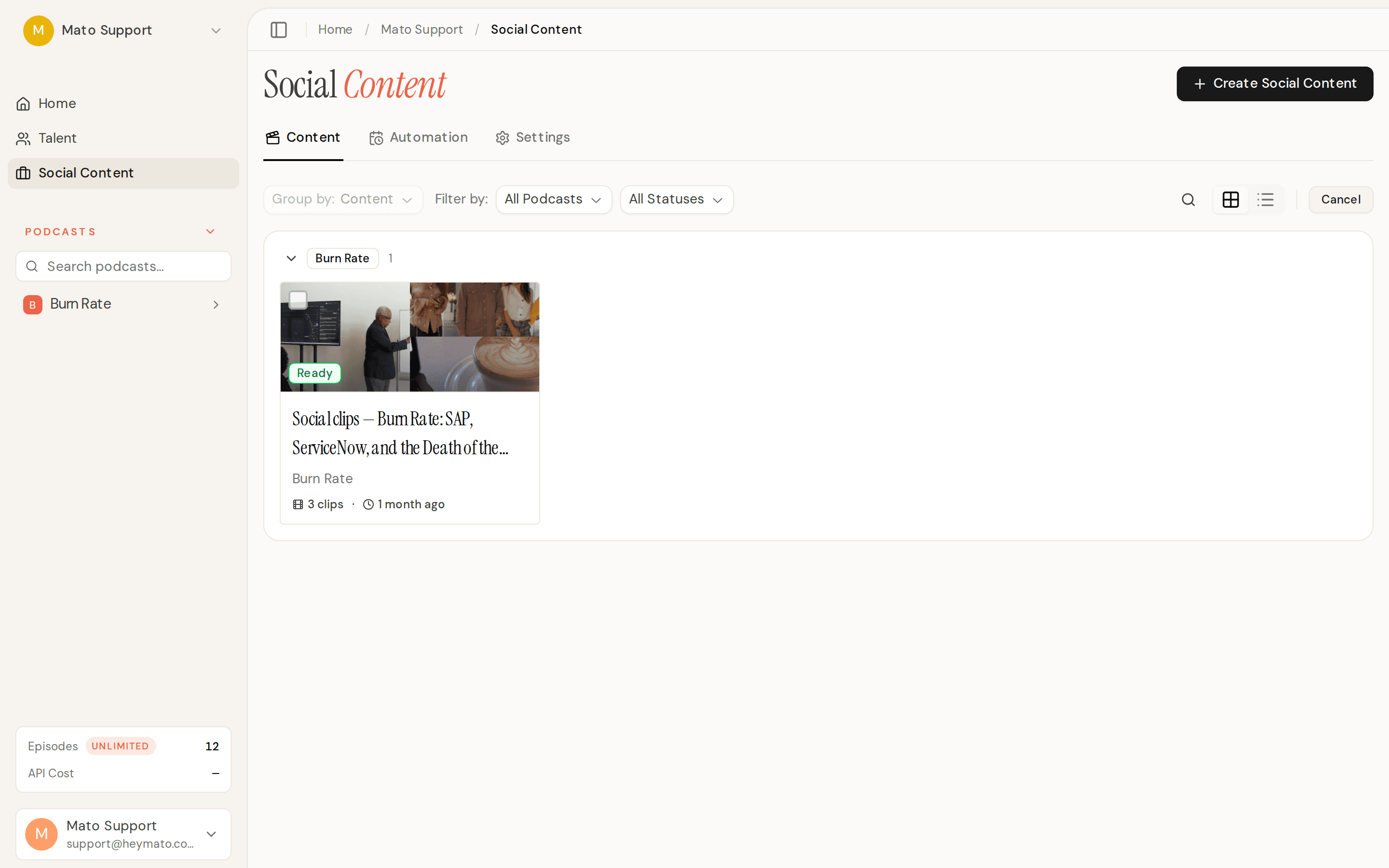 Social Content batch grid with Select mode active, showing checkboxes and the bulk delete toolbar