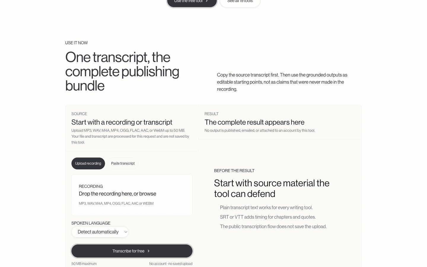 The upload state for Mato's public podcast transcription tool