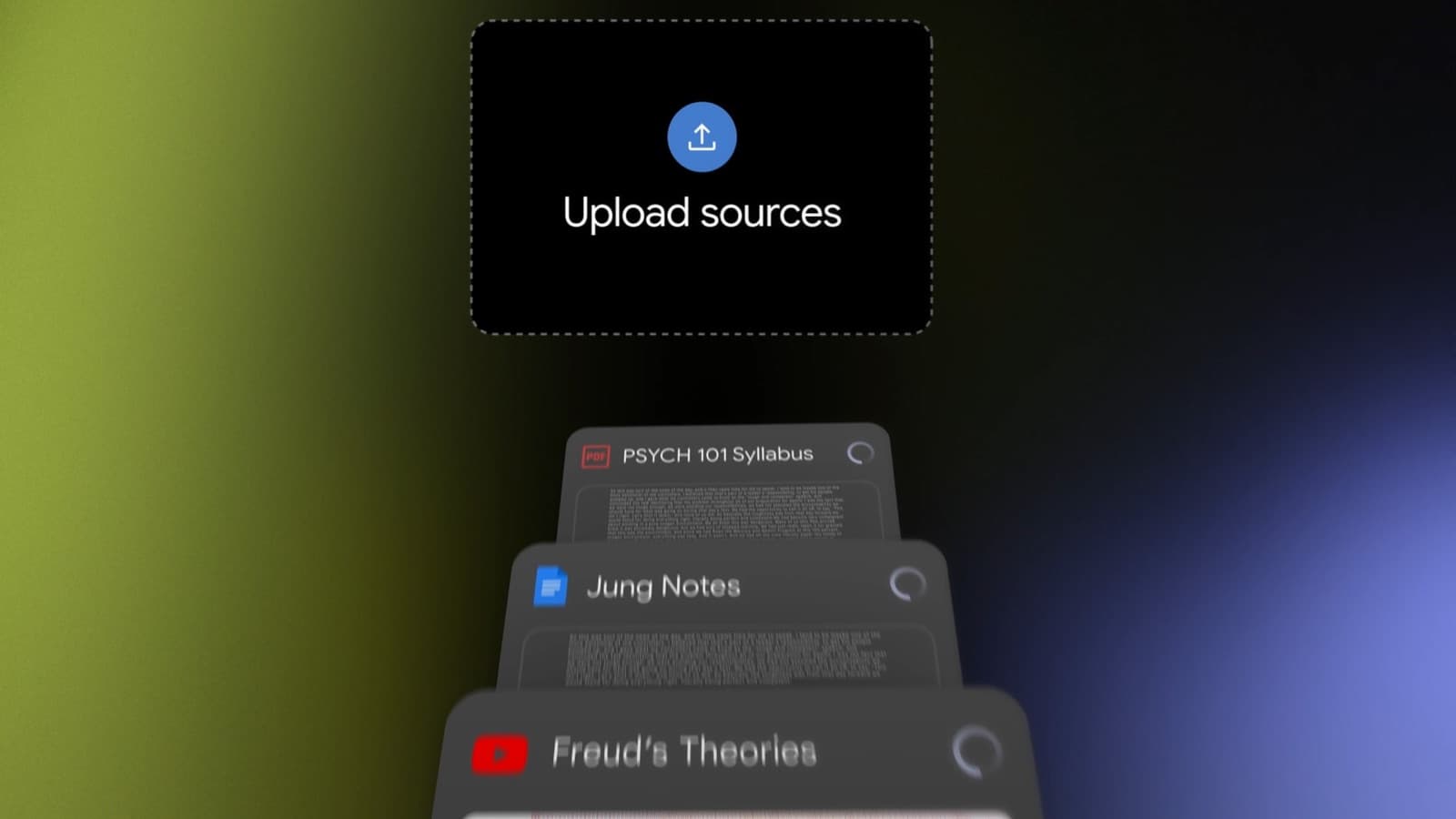 NotebookLM upload-sources interface showing PDFs, notes, and videos entering a source-first workflow