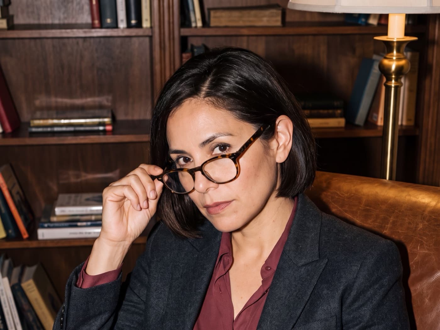 Elena Reyes, the AI host of Outside the Dollar, in a library, adjusting her glasses