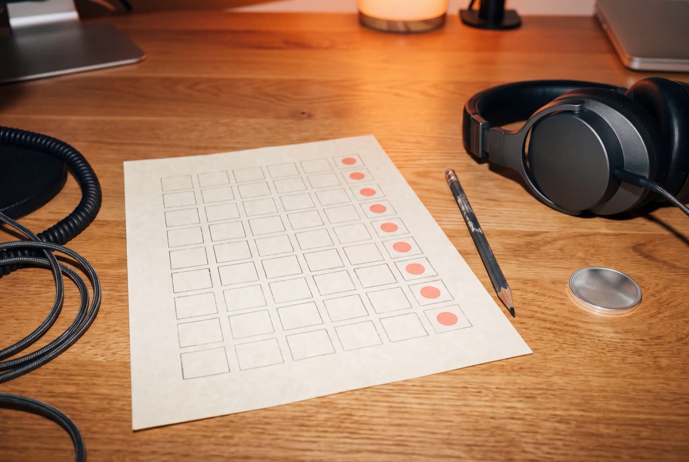A hand-ruled weekly grid on cream paper with one coral dot at the end of every row