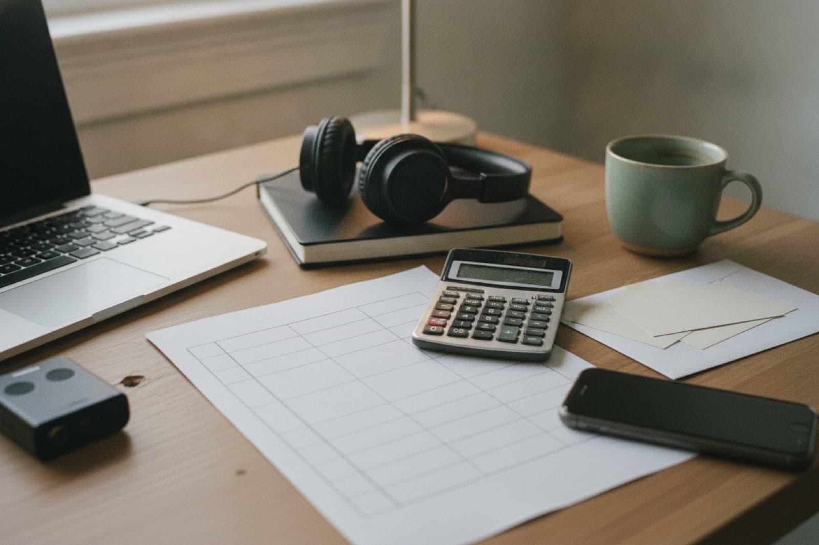 Editorial desk with headphones and blank planning materials for approved customer-story assets