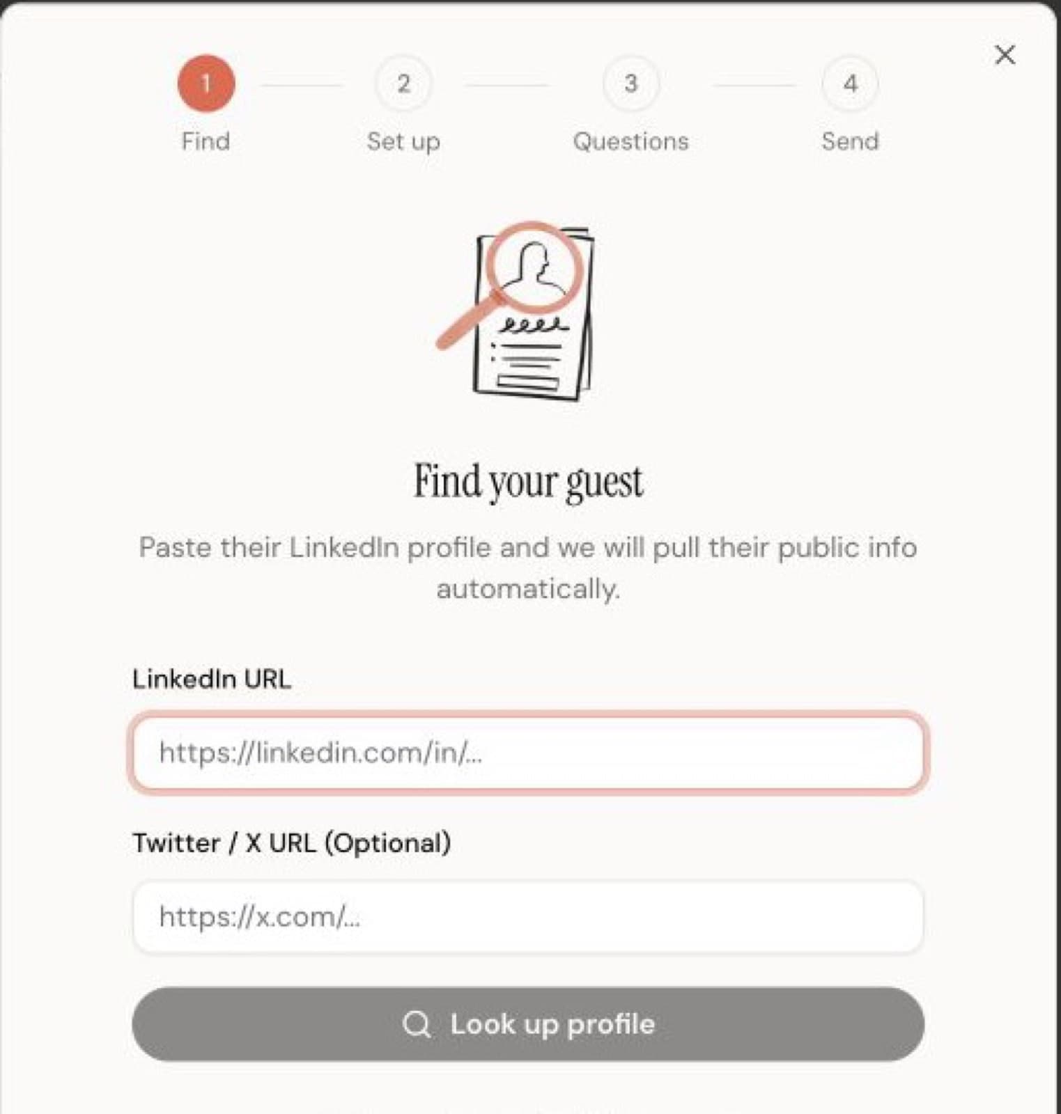 Mato live-interview setup screen showing guest details entry