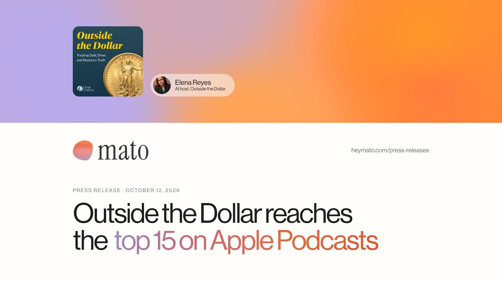 Press release banner for Lear Capital's Outside the Dollar Reaches Top 15 on Apple Podcasts Investing Chart