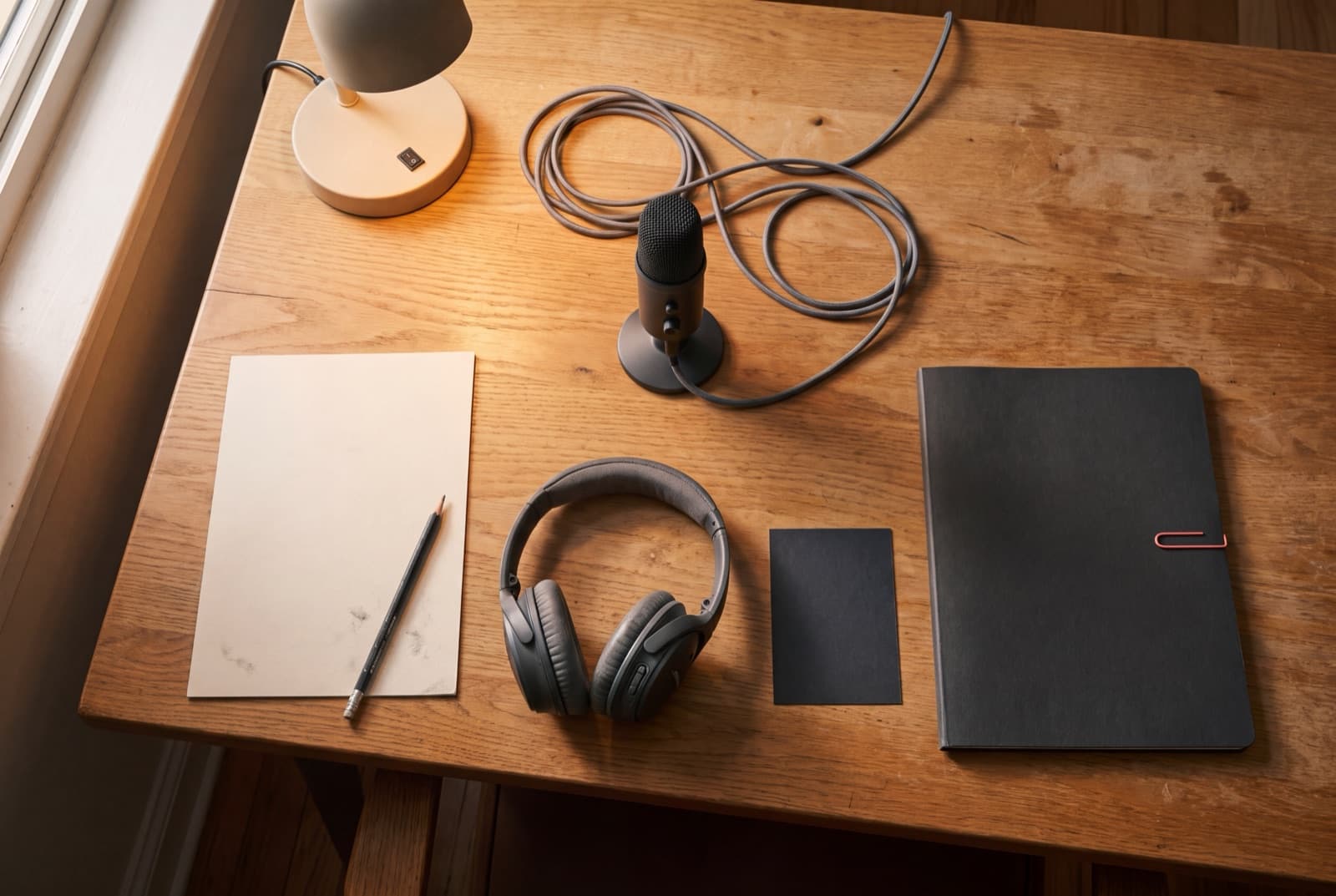 Three compact podcast work zones arranged around one microphone and connected by a single audio cable