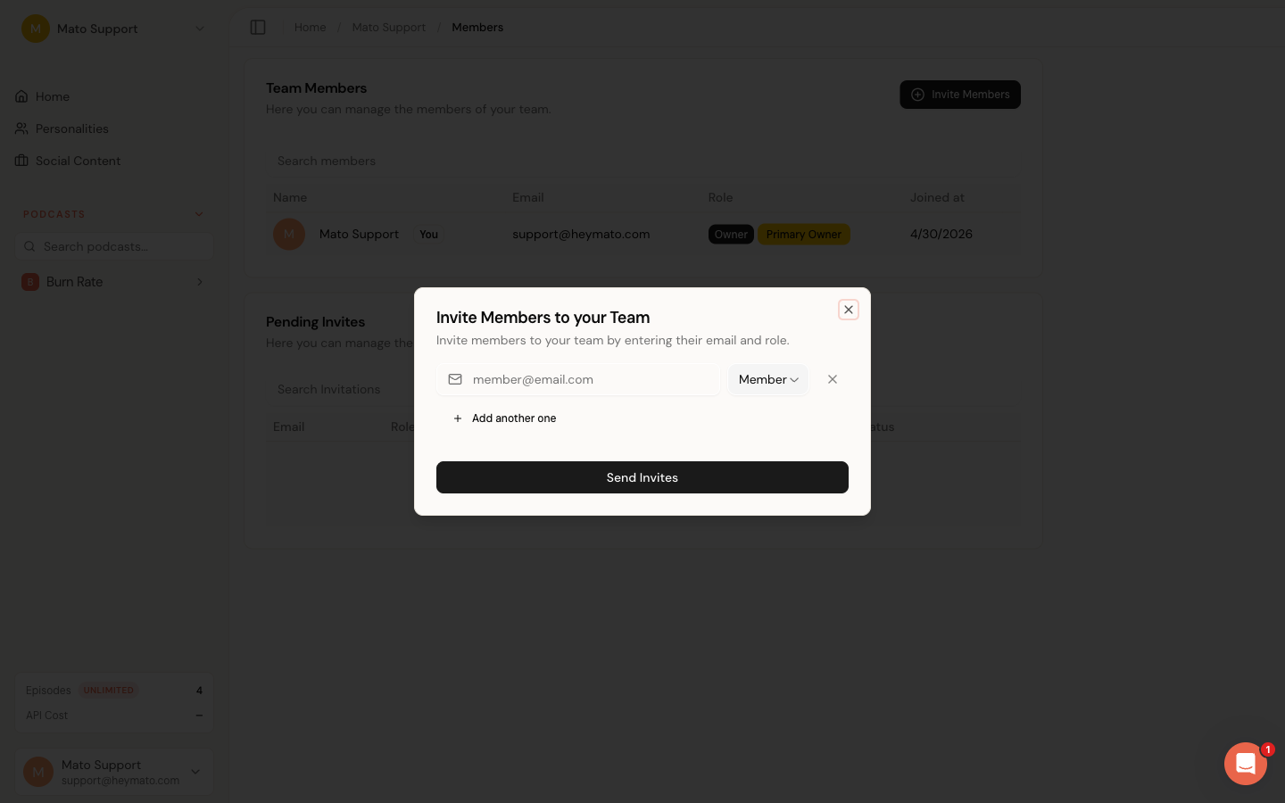 Invite members dialog with email input and role selector