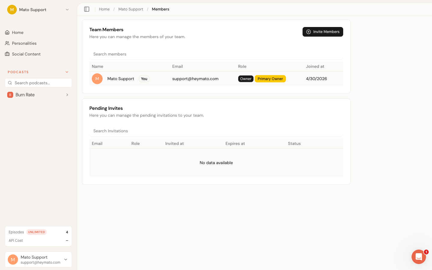 Members page with member list and pending invitations