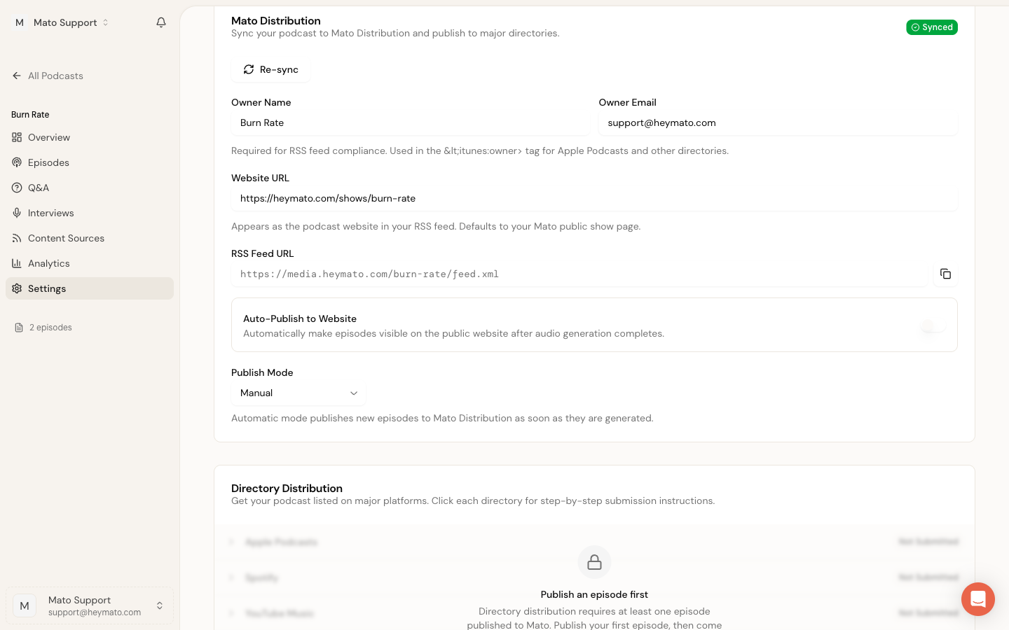 Directory Distribution section (locked until first episode is published)