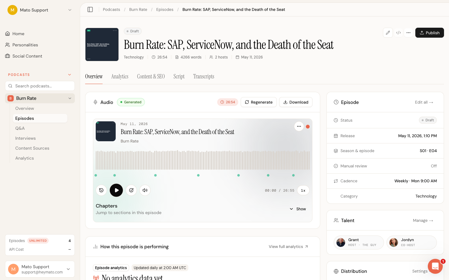 Episode details page showing the title, status badges, description, and tab navigation