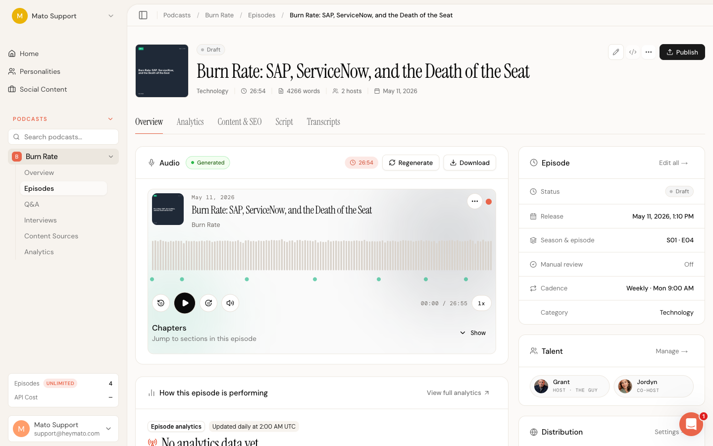 Audio section showing the waveform player, playback controls, chapter markers, and Regenerate Audio button