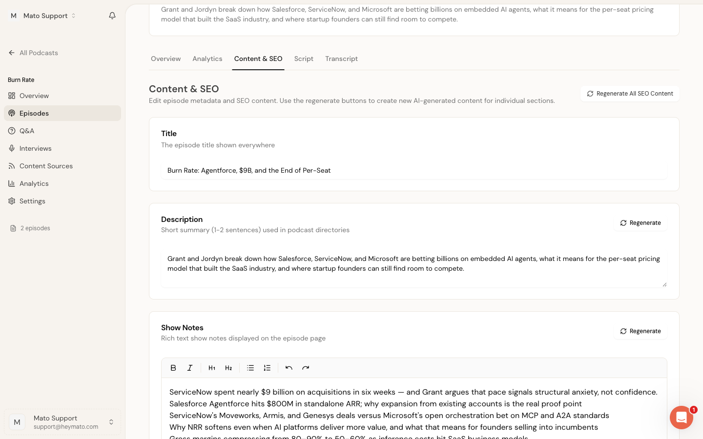 Content & SEO tab showing Title, Description, and Show Notes fields with Regenerate buttons