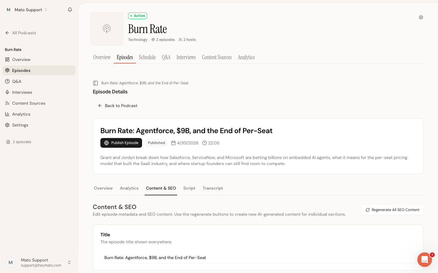 Content & SEO tab showing the form header, Regenerate All SEO Content button, and the Title card