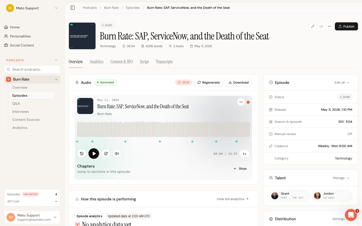 Episode detail page showing the Publish Episode button and lifecycle status badge