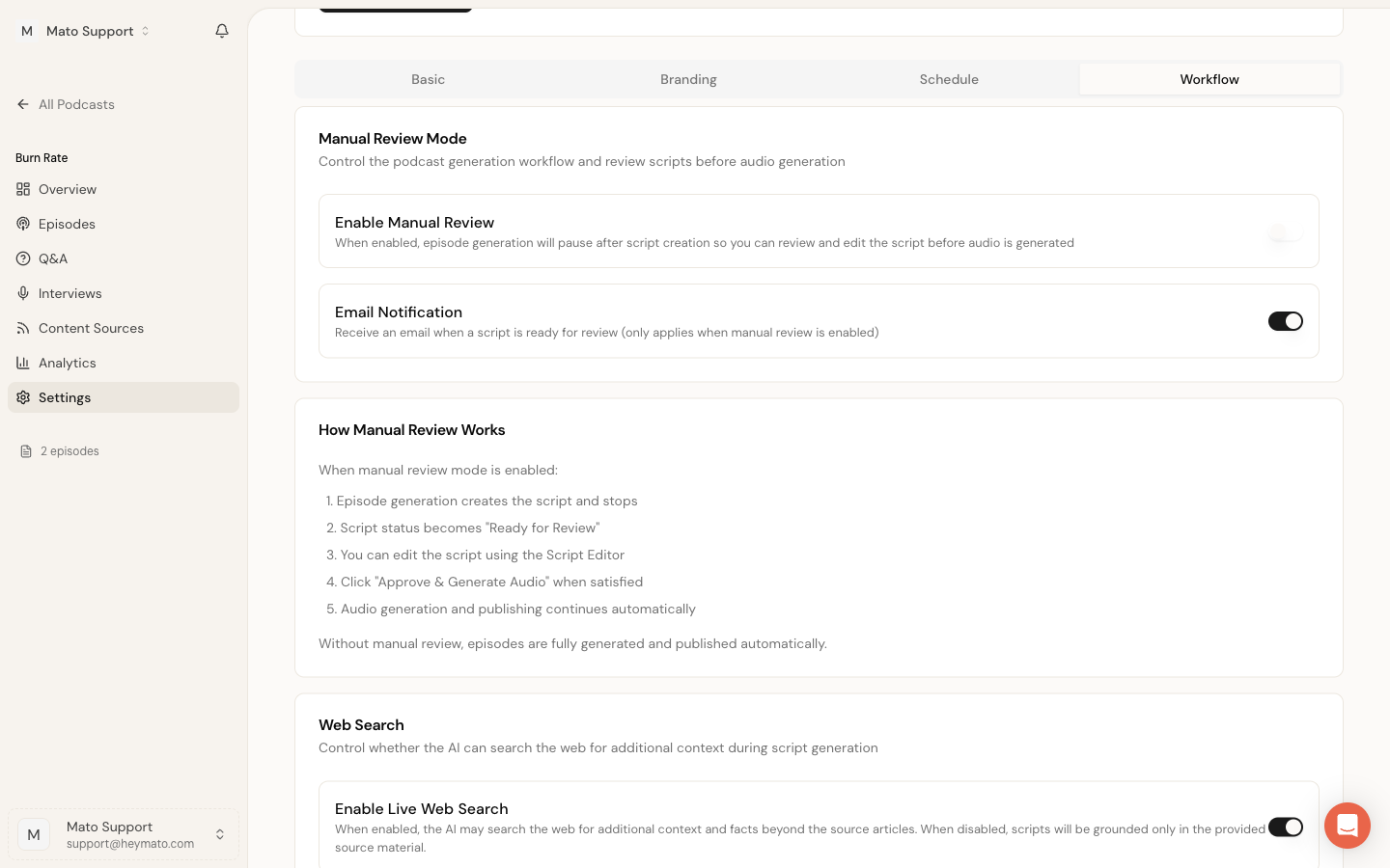 Manual Review Mode card in Settings with Enable Manual Review and Email Notification toggles