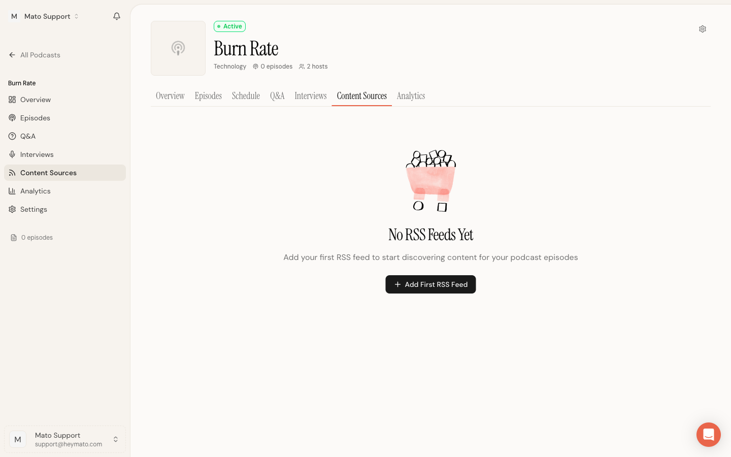 Content Sources tab selected on the Burn Rate podcast, showing the empty state