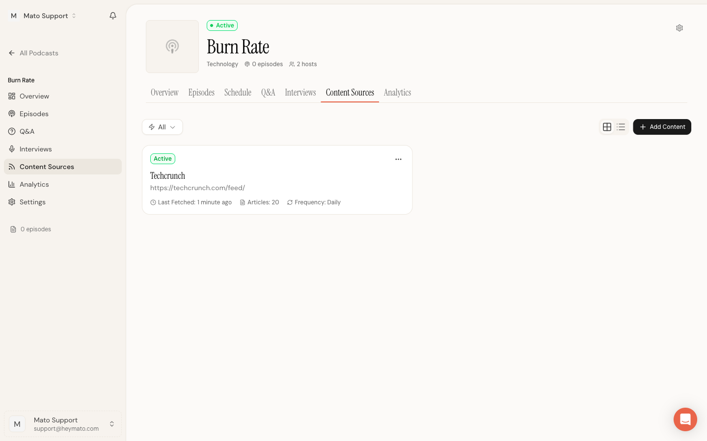 Source card showing Techcrunch with Active badge, 20 articles, and Daily frequency