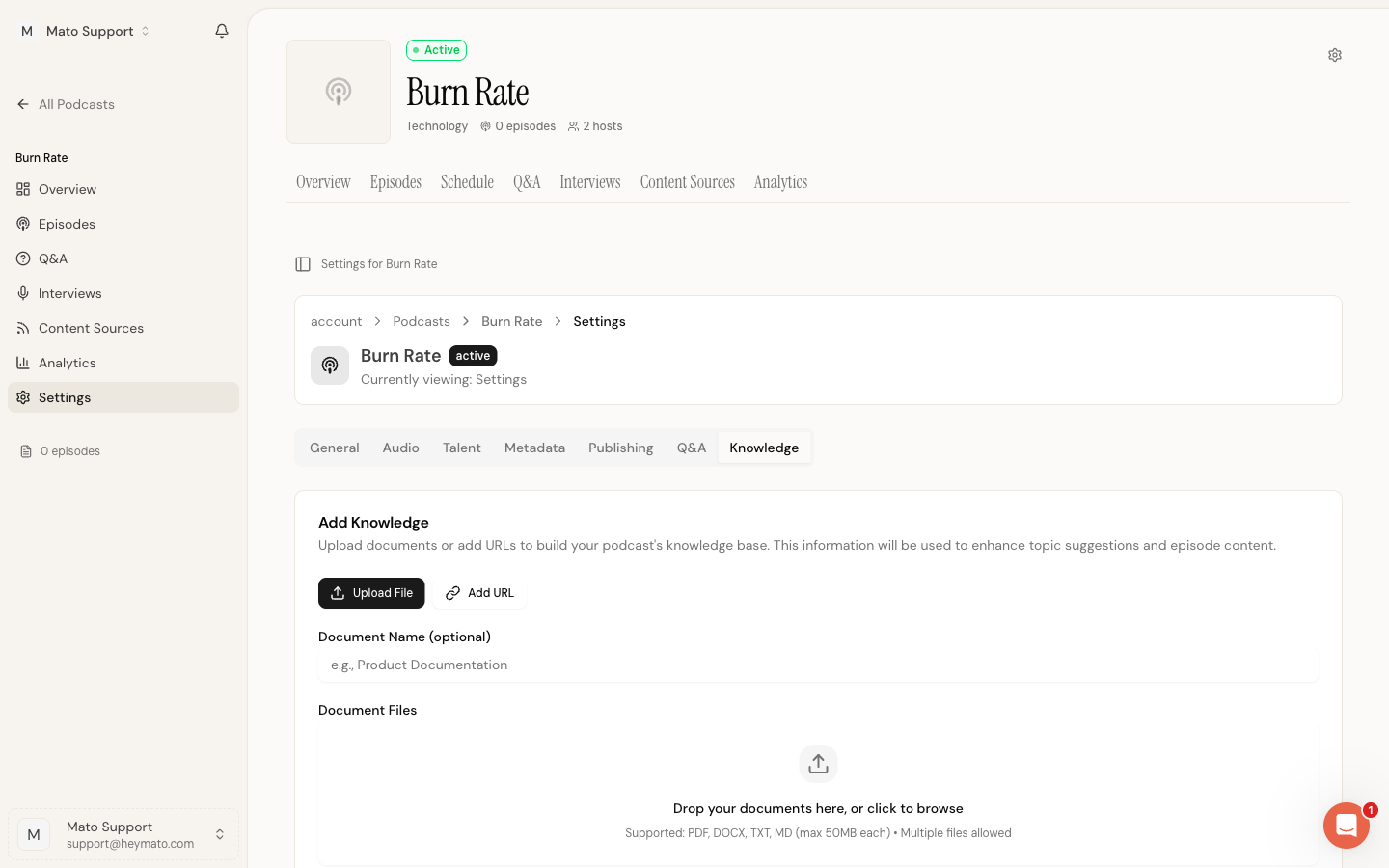 Settings page with the Knowledge tab selected, showing the document upload area