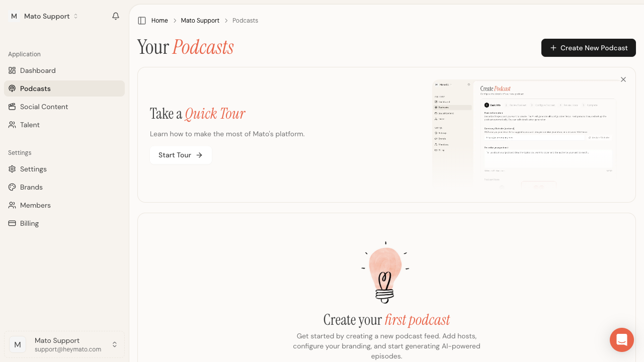 Podcasts page with empty state and Create New Podcast button