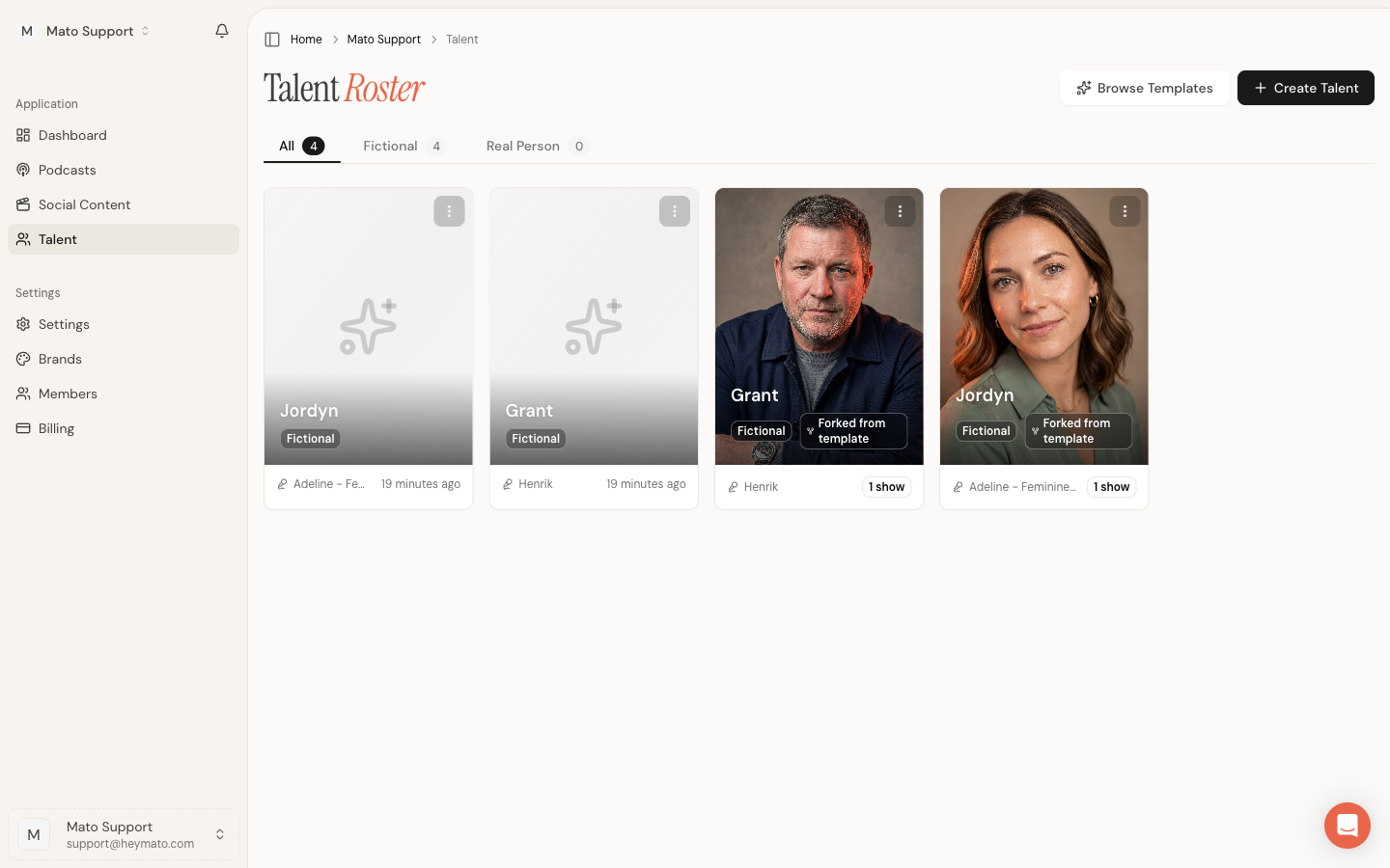 Talent Roster page showing host cards with portraits and type badges