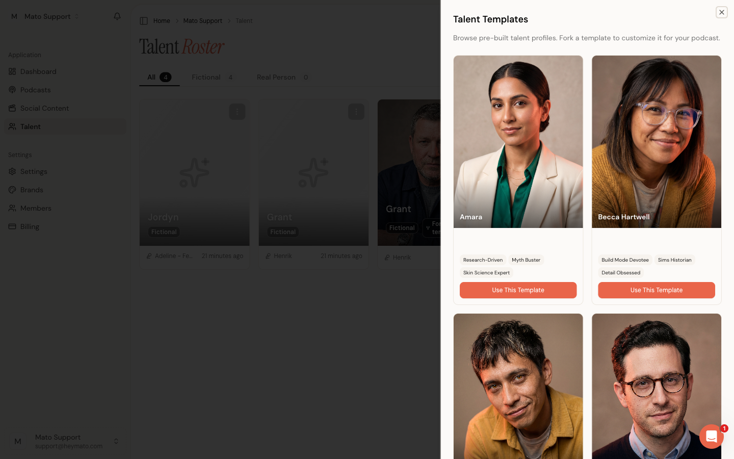 Talent Templates panel with pre-built host profiles