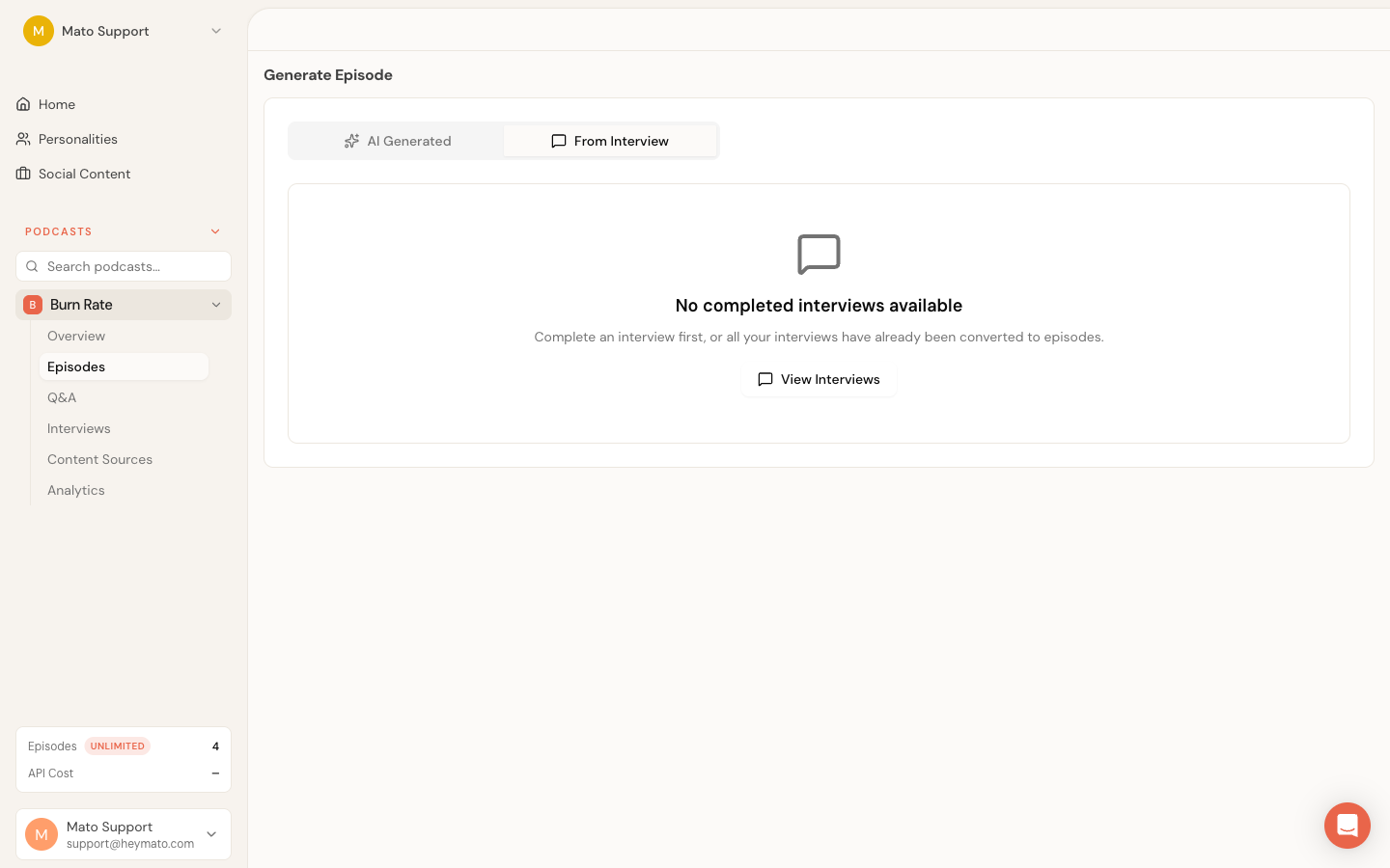 Episode generation page with the From Interview tab selected