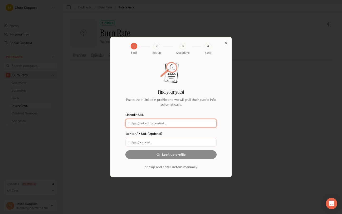 Find your guest step showing LinkedIn URL field