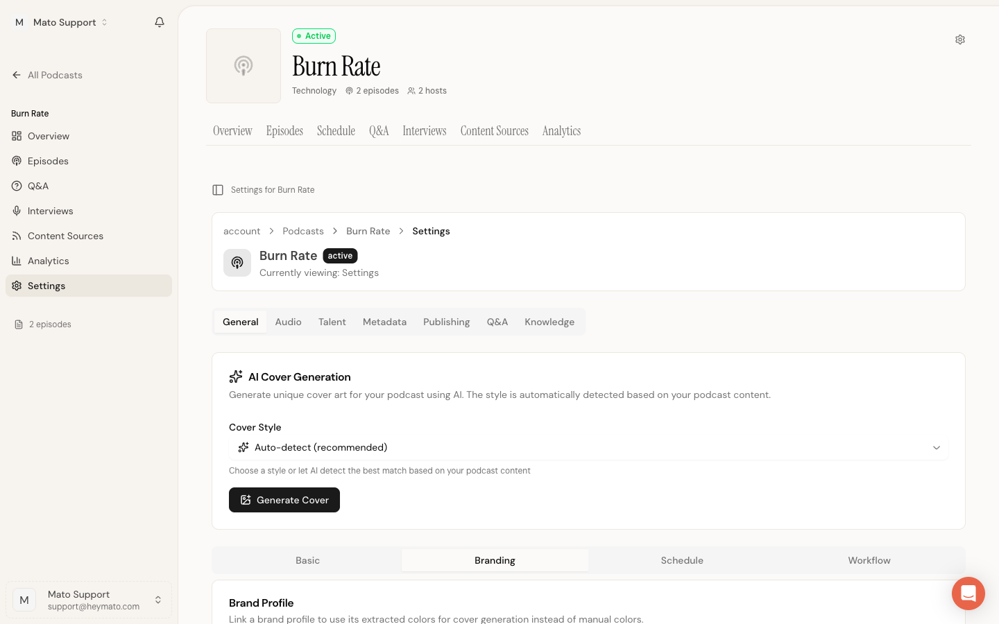 Branding sub-tab showing Brand Profile selector, Manual Cover Image upload, and AI Cover Generation card above