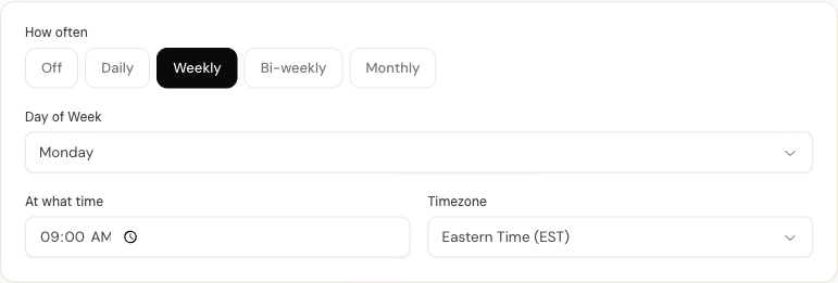 Frequency selector showing Off, Daily, Weekly, Bi-weekly, and Monthly pill buttons