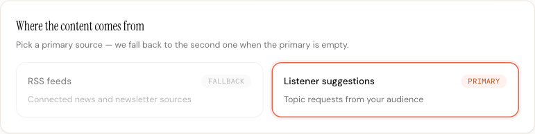 Content source selector with RSS feeds and Listener suggestions cards