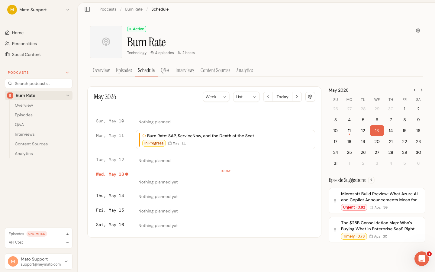 Schedule page with list view and suggestion sidebar