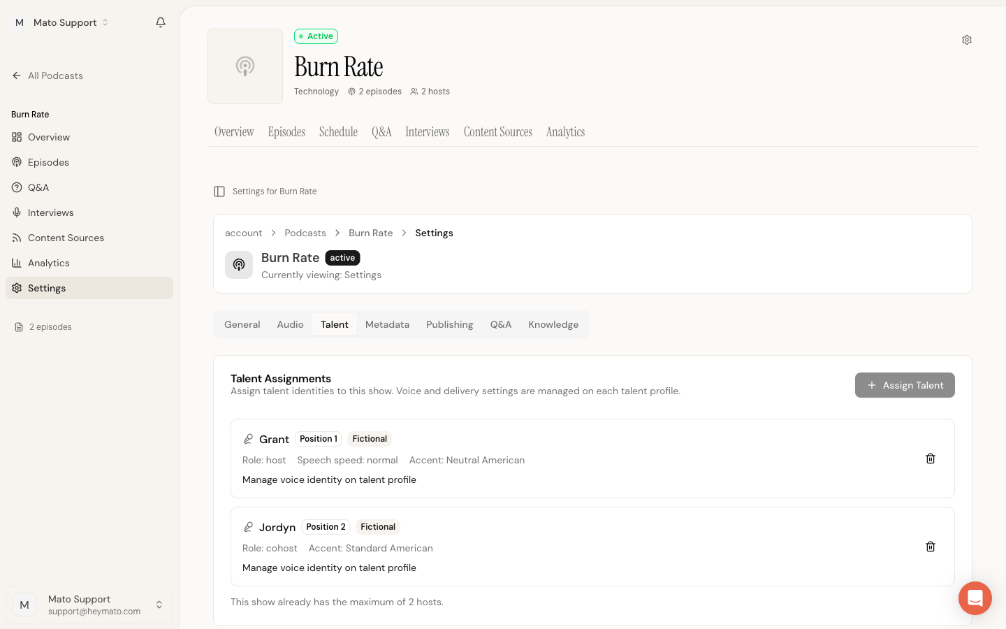 Talent tab in podcast settings showing assigned hosts